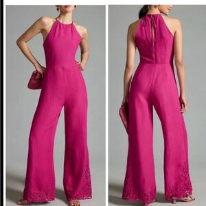Anthropologie Cutwork Linen Jumpsuit Halter - fuschia color - size 12